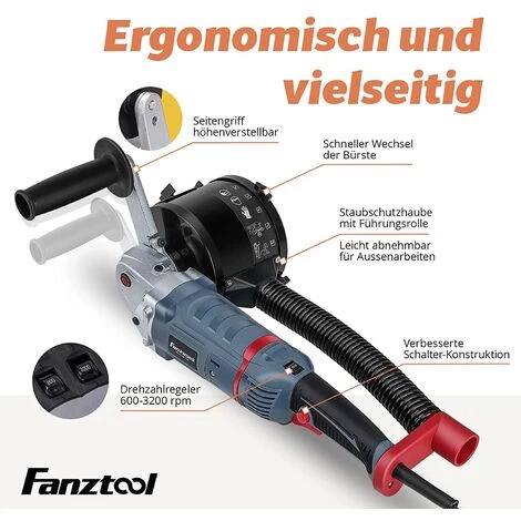 FANZTOOL FANZWORK 1500 Watt Satiniermaschine Schleifmaschine Bürstenschleifgerät Zur Renovierung Von Oberflächen Aller Art, Mit Staubsaugung-Anschluss, Drehzahlregelun (Renovator Set) 5 FANZTOOL FANZWORK 1500 Watt Satiniermaschine Schleifmaschine Bürstenschleifgerät Zur Renovierung Von Oberflächen Aller Art, Mit Staubsaugung-Anschluss, Drehzahlregelun (Renovator Set) – Bild 5