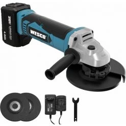 WESCOTOOLS Akku Winkelschleifer, WESCO 18V 4.0Ah Winkelschleifer, Leerlaufdrehzahl: 8800 Min-1, Scheiben-Ø: 115 Mm Mit Zusatzgriff Und 3 Stück Scheiben WS2941.1