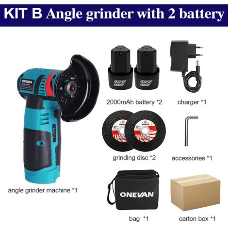 ONEVAN Mini Winkelschleifer 12V Akku-Winkelschleifer 19500 U/min Schleifen Metallschneiden Holz Ohne Bürste Ohne Kabel - Mit 2*Akku + 1*Tasche + 2*Diskette 1 ONEVAN Mini Winkelschleifer 12V Akku-Winkelschleifer 19500 U/min Schleifen Metallschneiden Holz Ohne Bürste Ohne Kabel - Mit 2*Akku + 1*Tasche + 2*Diskette