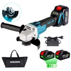 Akku-Winkelschleifer Bürstenloser 800W Ø125mm ONEVAN Kabelloses Bürstenloses Elektrowerkzeug Blau Für Makita 18V Akku - Mit Ladegerät Und 2 Batterien