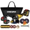 ONEVAN Winkelschleifer 125 Mm 1280W - Bürstenloser Winkelschleifer | Geeignet Für Makita 18V - Gelb - Mit 2*Batterien 1*Aufbewahrungstasche Und 10*Scheiben