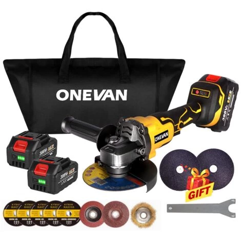 ONEVAN Winkelschleifer 125 Mm 1280W - Bürstenloser Winkelschleifer | Geeignet Für Makita 18V - Gelb - Mit 2*Batterien 1*Aufbewahrungstasche Und 10*Scheiben 1 ONEVAN Winkelschleifer 125 Mm 1280W - Bürstenloser Winkelschleifer | Geeignet Für Makita 18V - Gelb - Mit 2*Batterien 1*Aufbewahrungstasche Und 10*Scheiben