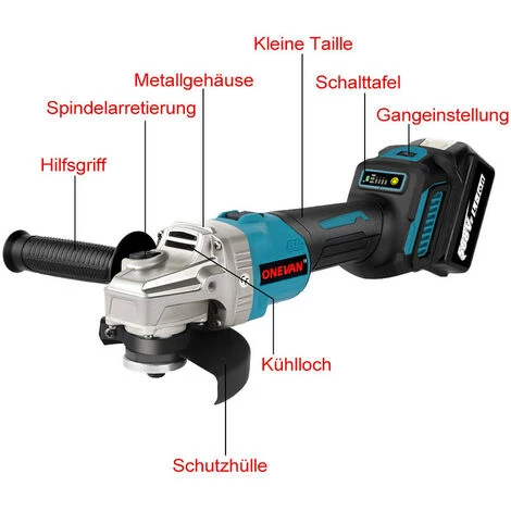 ONEVAN Winkelschleifer - 2000W 125MM 6-Gang Bürstenloser Elektro-Winkelschleifer Mit Lithium-Ionen Akku Passend Für Makita 18V Akku - Mit 2 Akkus 3 ONEVAN Winkelschleifer - 2000W 125MM 6-Gang Bürstenloser Elektro-Winkelschleifer Mit Lithium-Ionen Akku Passend Für Makita 18V Akku - Mit 2 Akkus – Bild 3